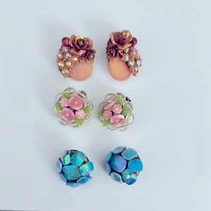 VINTAGE Elegant Floral Earrings Set - Gold, Pink, Blue
